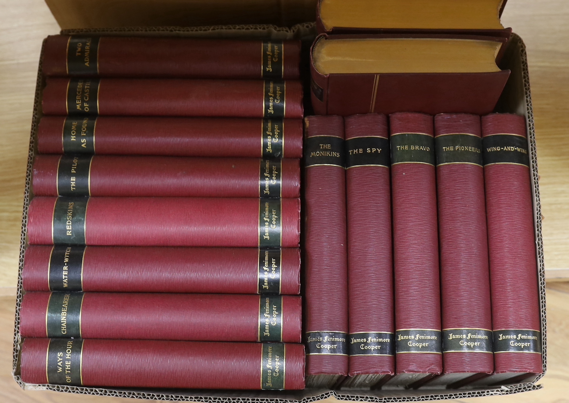 Cooper, James Fenimore – The Complete Works, 32 vols., one of 1000 sets, leather-stocking edition, original Burgundy cloth, Putnam, The Knickbocker Press, New York.